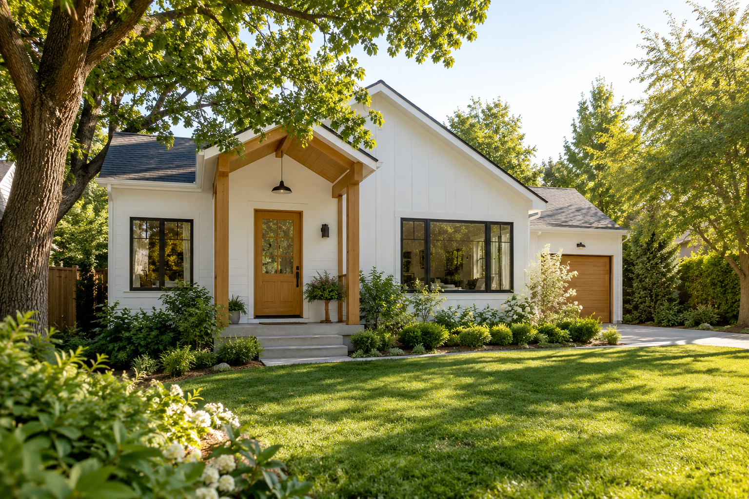 A white family home surrounded by a leafy green garden